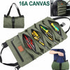 Grüne Canvas-Werkzeug-Organizer-Tasche mit mehreren Fächern und einem Riemen.