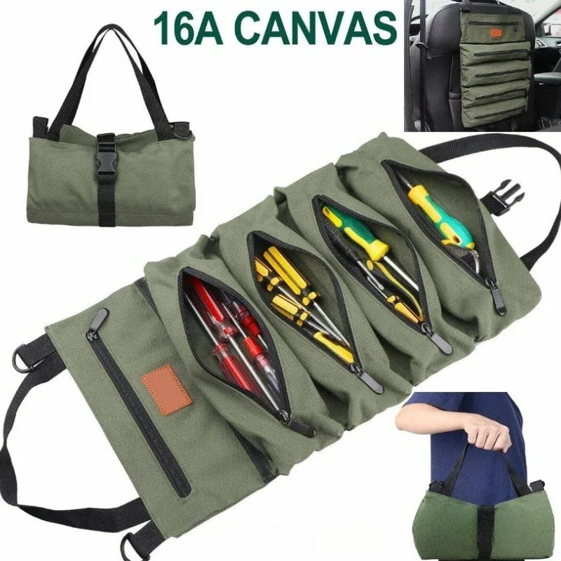 Grüne Canvas-Werkzeug-Organizer-Tasche mit mehreren Fächern und einem Riemen.