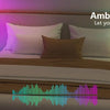 Schlafzimmer mit Bett und weißen Laken, beleuchtet durch lila Neonlicht und orange Lampe.