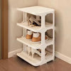 A white stackable vertical shoe rack organizer with four tiers for storing and organizing shoes.