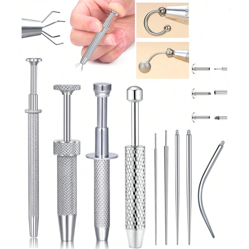 Stainless steel piercing ball grabber kit showing various tools and components for piercing