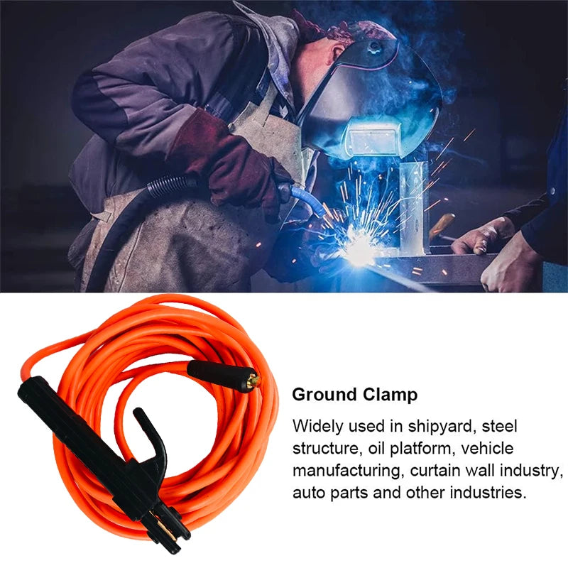 A close-up of a person using a ground clamp to weld metal, with an orange welding wire and electrode holder visible.