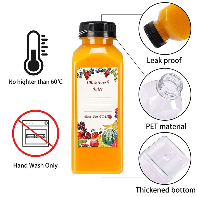 A clear glass bottle of orange juice with a black tamper-evident lid, showing features like leak proof and thick bottom.