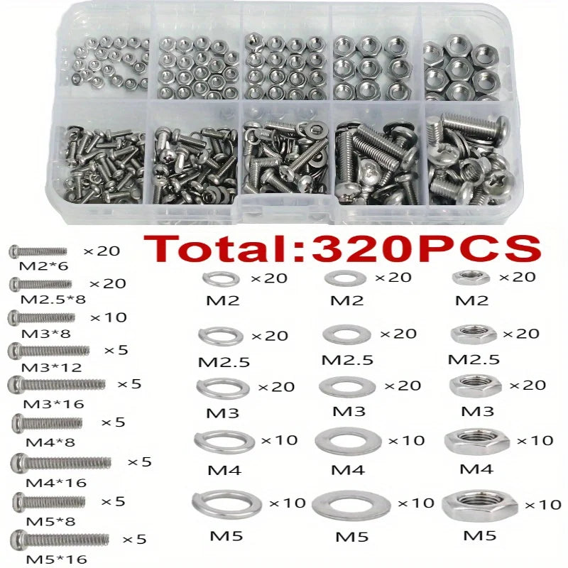 A clear plastic container filled with various metric hex nuts and bolts including M2 to M5 sizes.