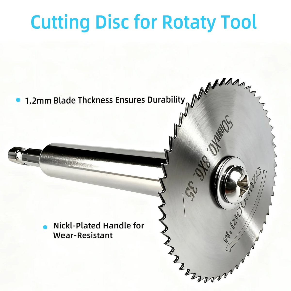 A cutting disc for a rotary tool featuring a 1.2mm blade thickness and a nickel-plated handle.