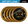 Five gold-colored diamond saw blade discs with a black center hub and yellow markings.