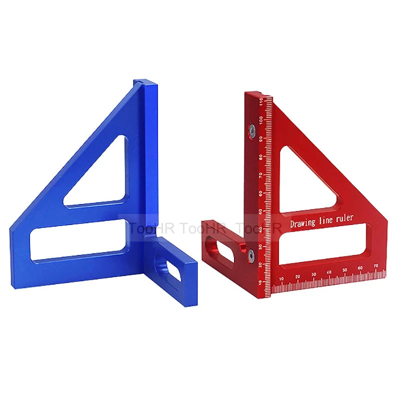 A blue and red precision aluminum miter triangle layout tool with a drawing line ruler.