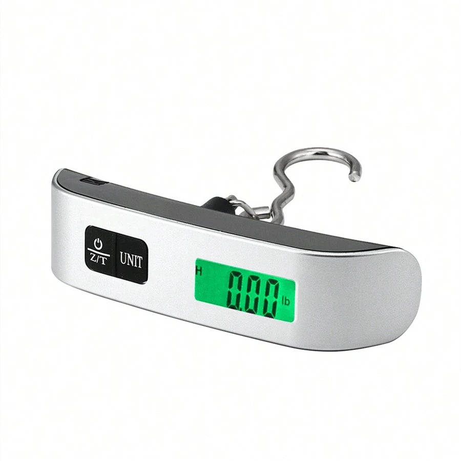 A silver portable digital luggage scale displaying 0.00 lb on a white background.