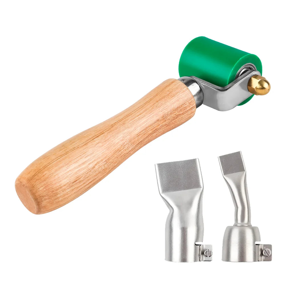 A wooden handle tool with a green silicone roller and metal blades for heavy-duty seam rolling.