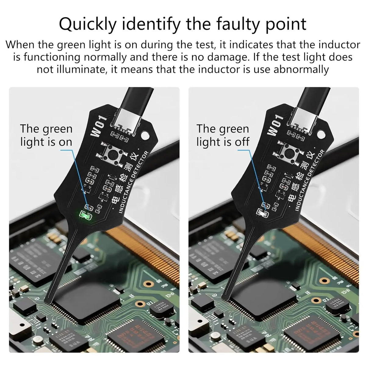 A close-up view of a precision inductance tester device with a green light indicator, showing both the light on and off state