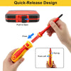 A hand is pressing a red magnetic screwdriver to open a black case, demonstrating the quick-release design.