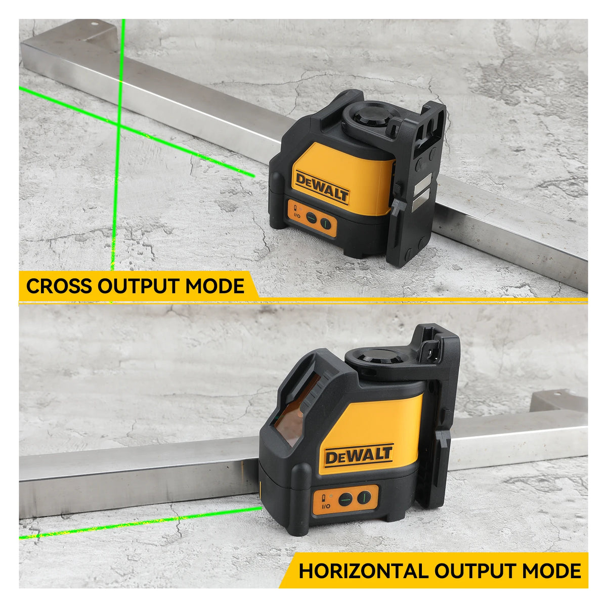 A Dewalt laser level tool is shown in two modes: cross output and horizontal output, positioned near a metal beam.