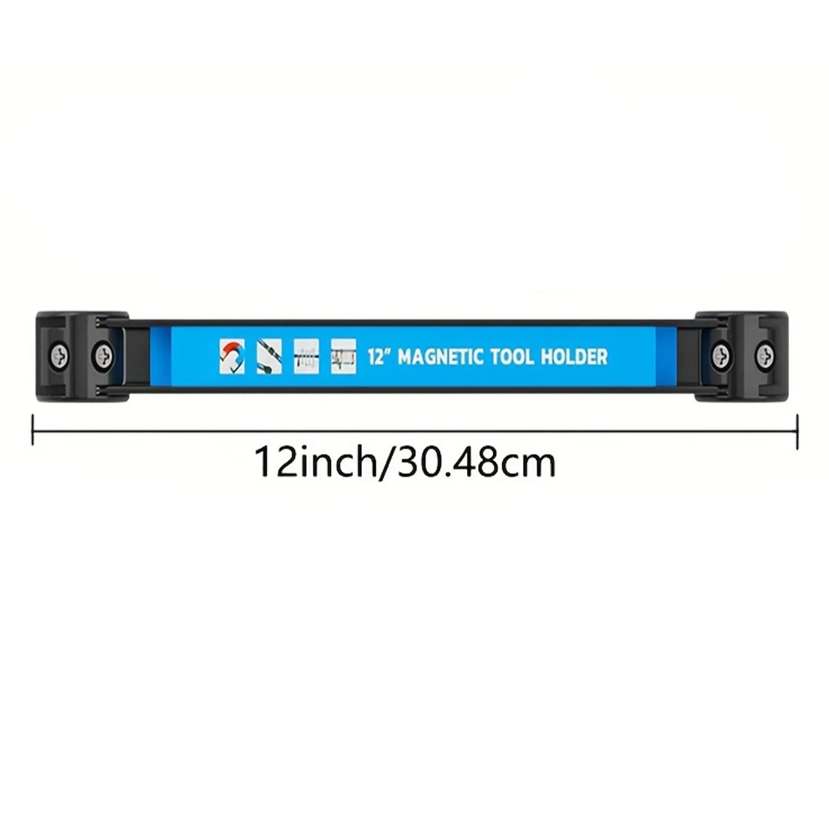 A blue magnetic tool holder with black mounting brackets and a 12-inch length.