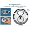 A close-up view of a heavy duty stainless steel disc padlock with dimensions and scale references.