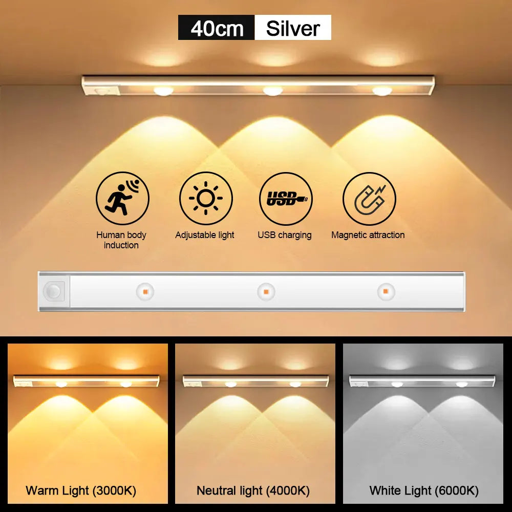 Silver 40cm LED light bar with human body induction, adjustable light, USB charging, and magnetic attraction features.