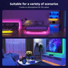 Interior scene showing various uses of RGB LED strip lights for customizable ambient lighting in a bedroom and living area.