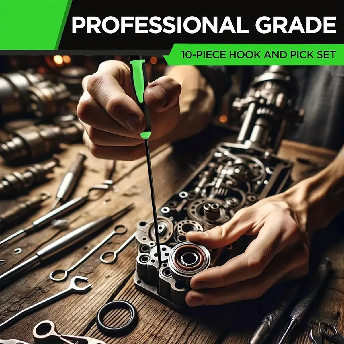 A hand holds a green hook and pick tool set, demonstrating the precision tools on a wooden surface.