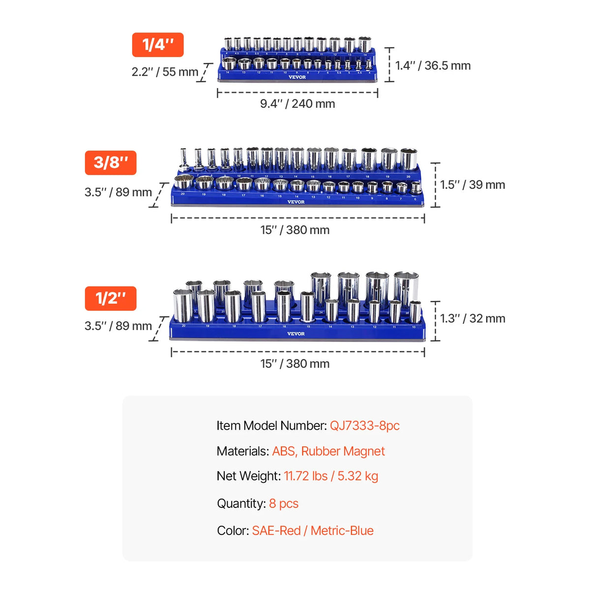 A set of blue magnetic socket organizers for metric and SAE tools, showing various sizes like 1/4 inch, 3/8 inch, and 1/2 inc