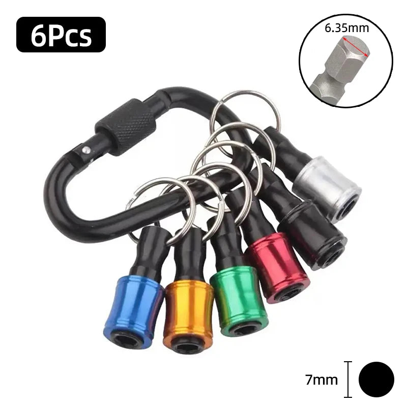 A set of six black screwdriver bit holders with hex shank tips and a 7mm measurement marker.