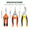 Three pairs of orange and yellow stainless steel garden shears shown side by side.