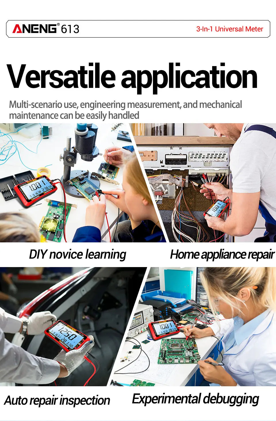 A digital multimeter is shown in various applications including DIY learning, home appliance repair, auto repair inspection, 