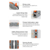 Diagram showing various features of a wire connector including a wiring lever, quick wiring hole, product information label, 