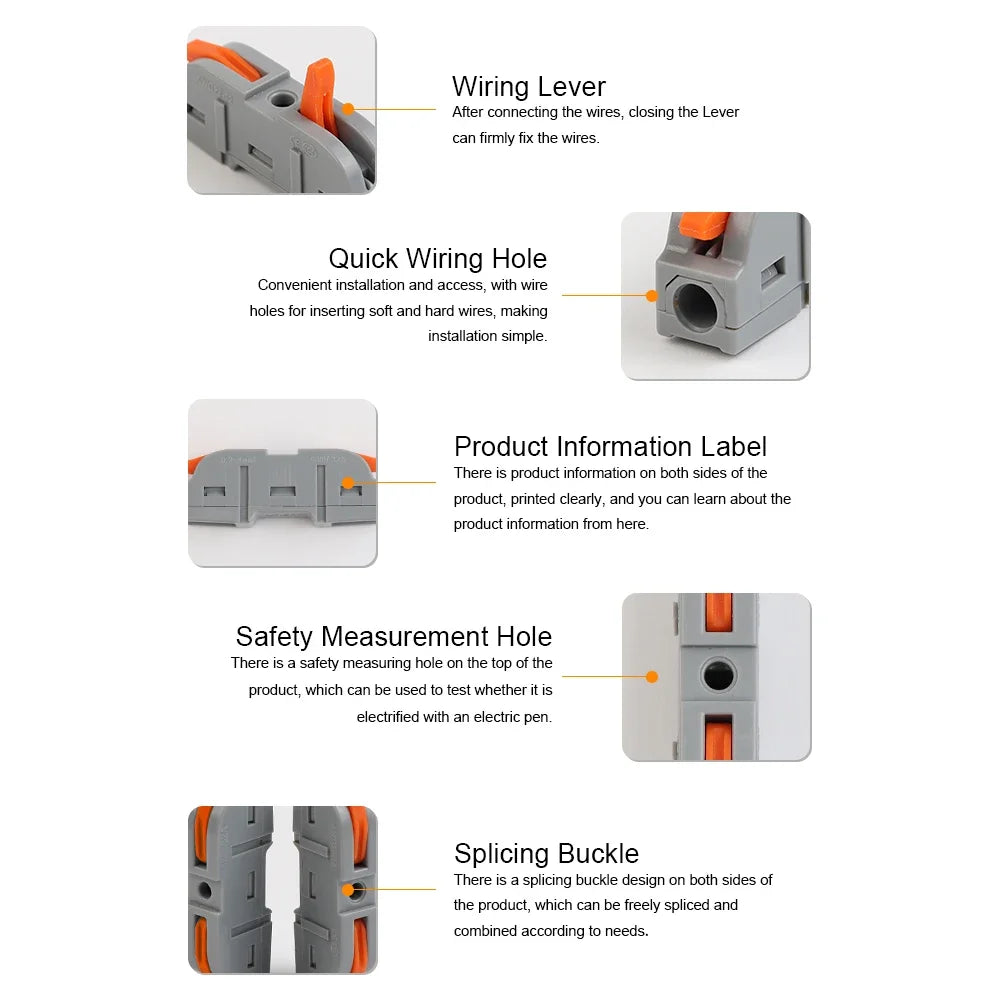 Diagram showing various features of a wire connector including a wiring lever, quick wiring hole, product information label, 