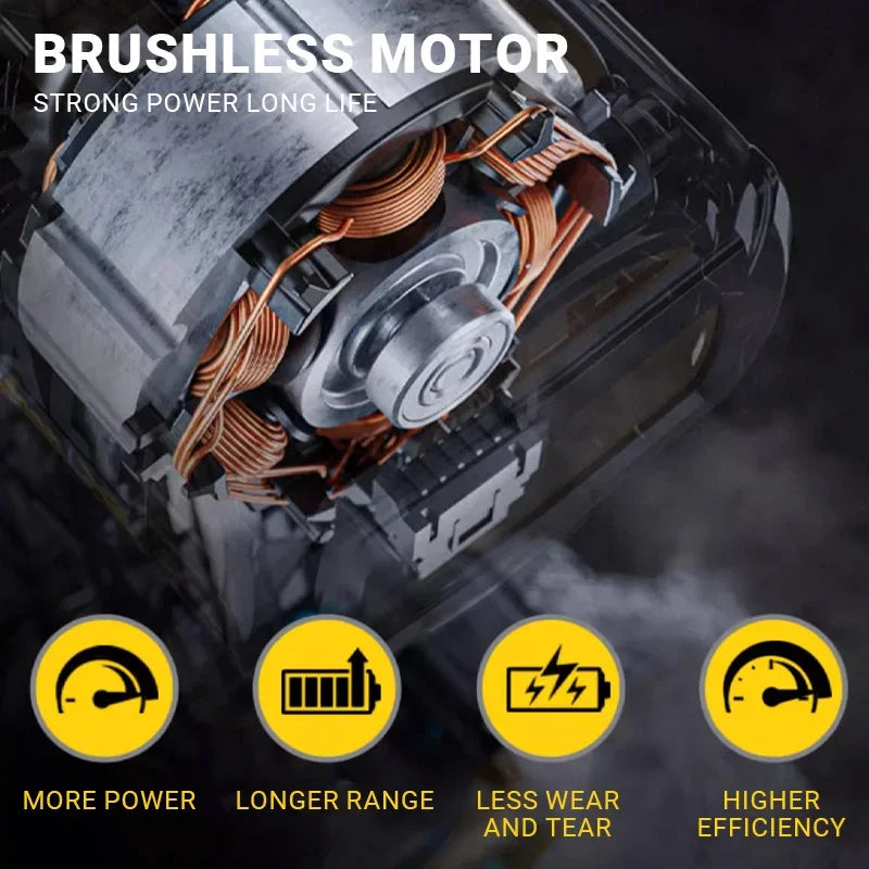 Close-up view of a brushless motor for a DEWALT Heavy Duty Cordless Impact Wrench showing power and efficiency features.
