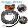 A spool of black synthetic tow strap with an attached hook, shown alongside images of a Jeep and a vehicle.