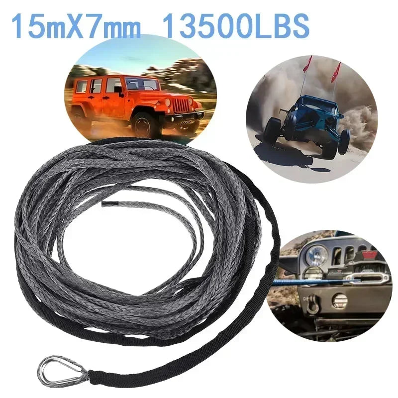 A spool of black synthetic tow strap with an attached hook, shown alongside images of a Jeep and a vehicle.