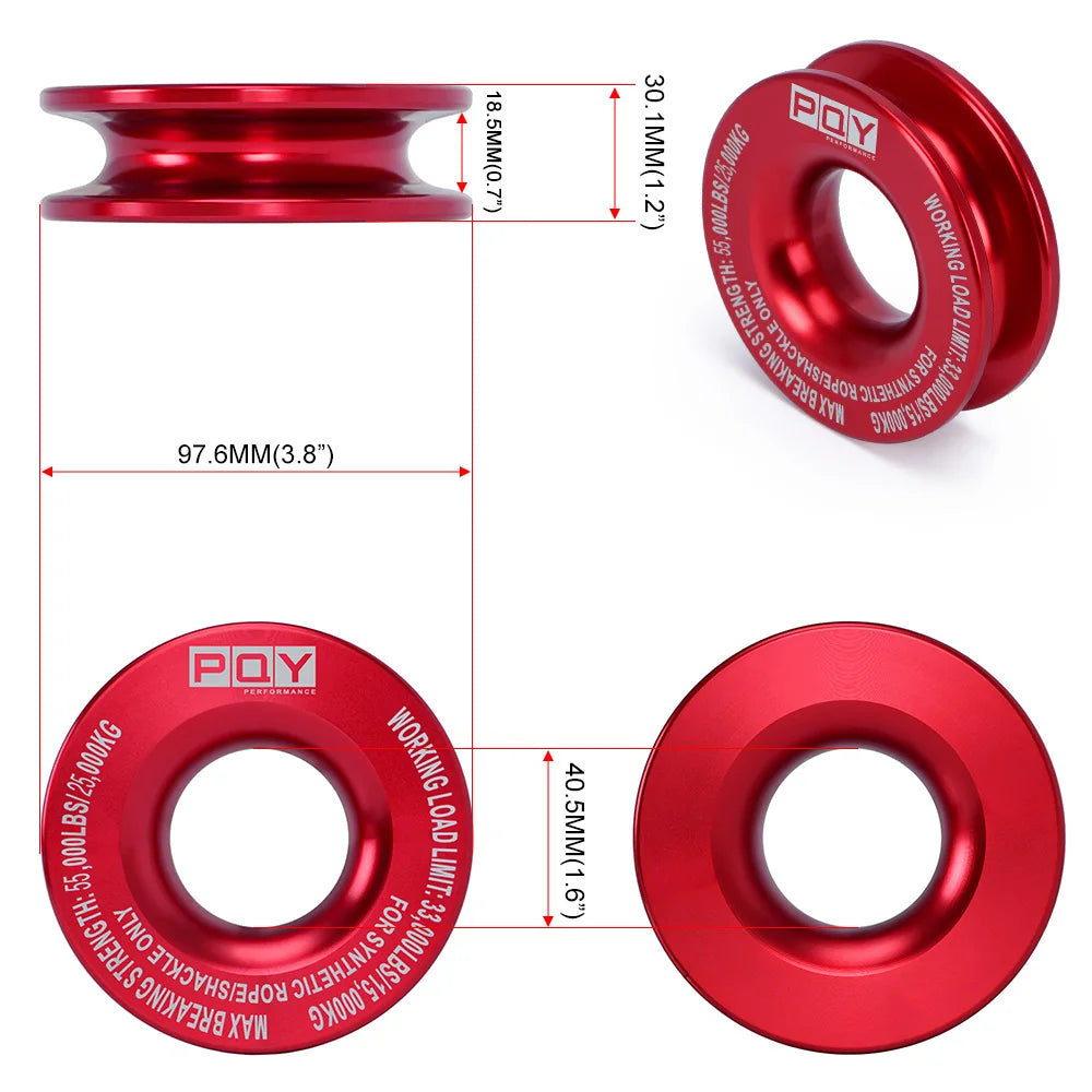 Red heavy duty synthetic recovery shackle set with various sizes and working load limits