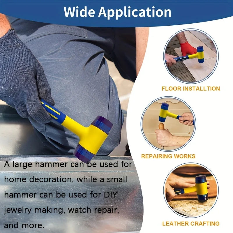 A set of rubber and plastic hammers used for various applications like floor installation, repairs, and leather crafting.