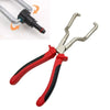 A pair of red and black professional hose clamp pliers for auto repair, shown with a separate metal clamp.