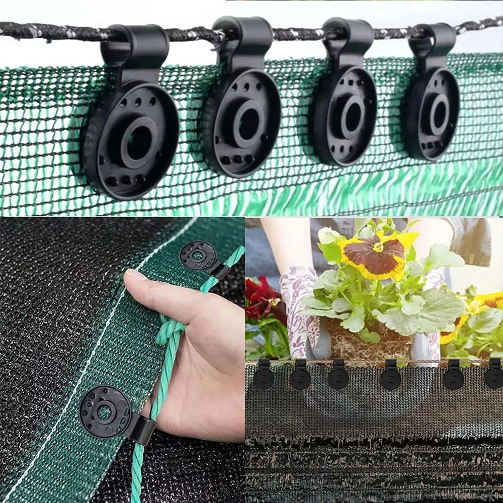 Black heavy-duty clips used to secure shade cloth or fabric onto netting and other materials.
