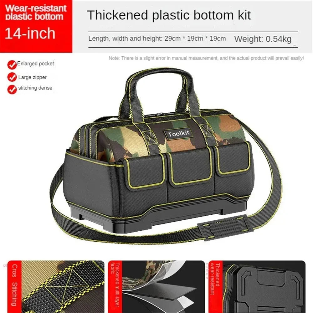Black and camouflage toolkit with a thickened plastic bottom kit for tools