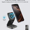 A magnetic charging surface for iPhone series phones shown with a folding stand and compatible cases.