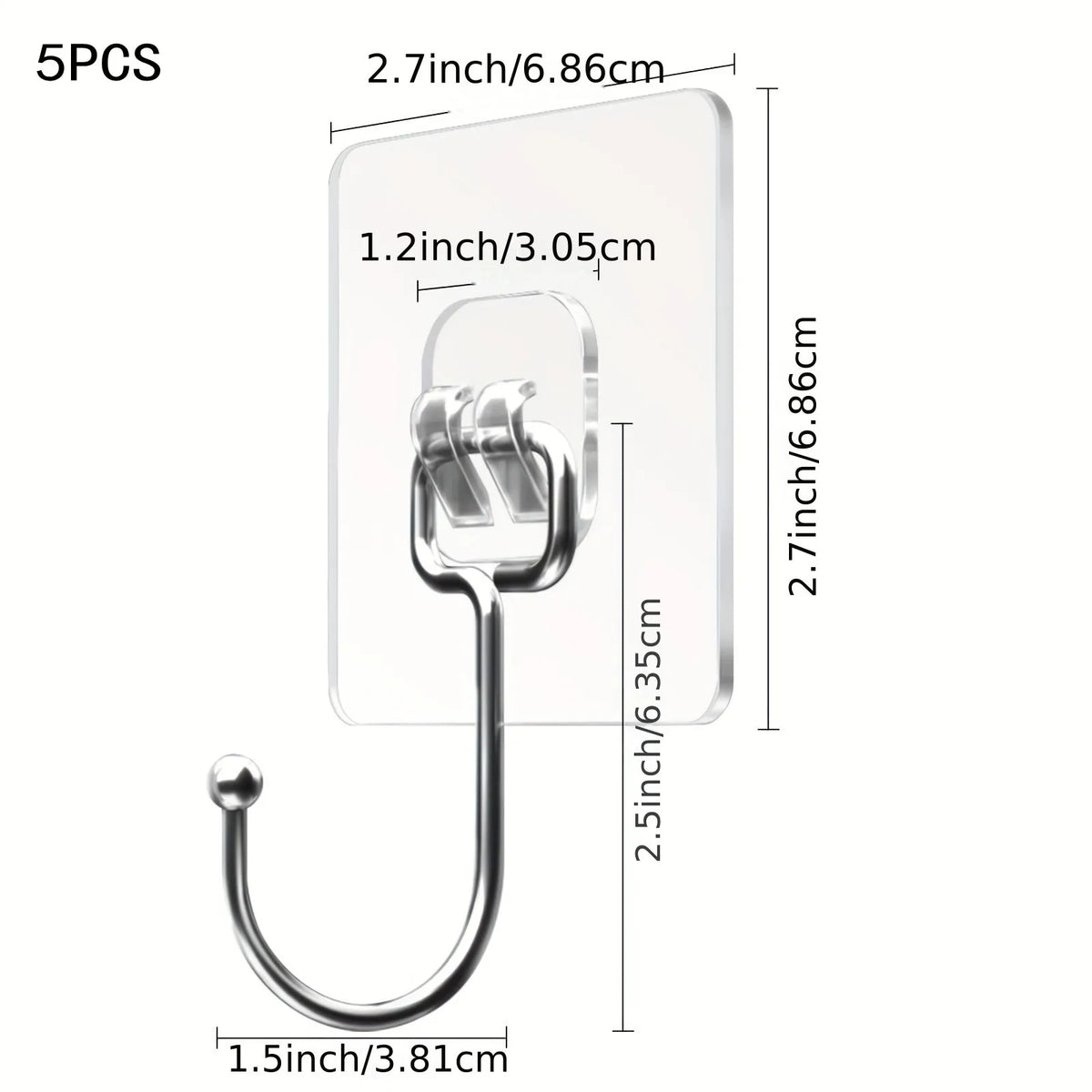 Five pieces of silver heavy duty adhesive hooks with a curved handle and loop.