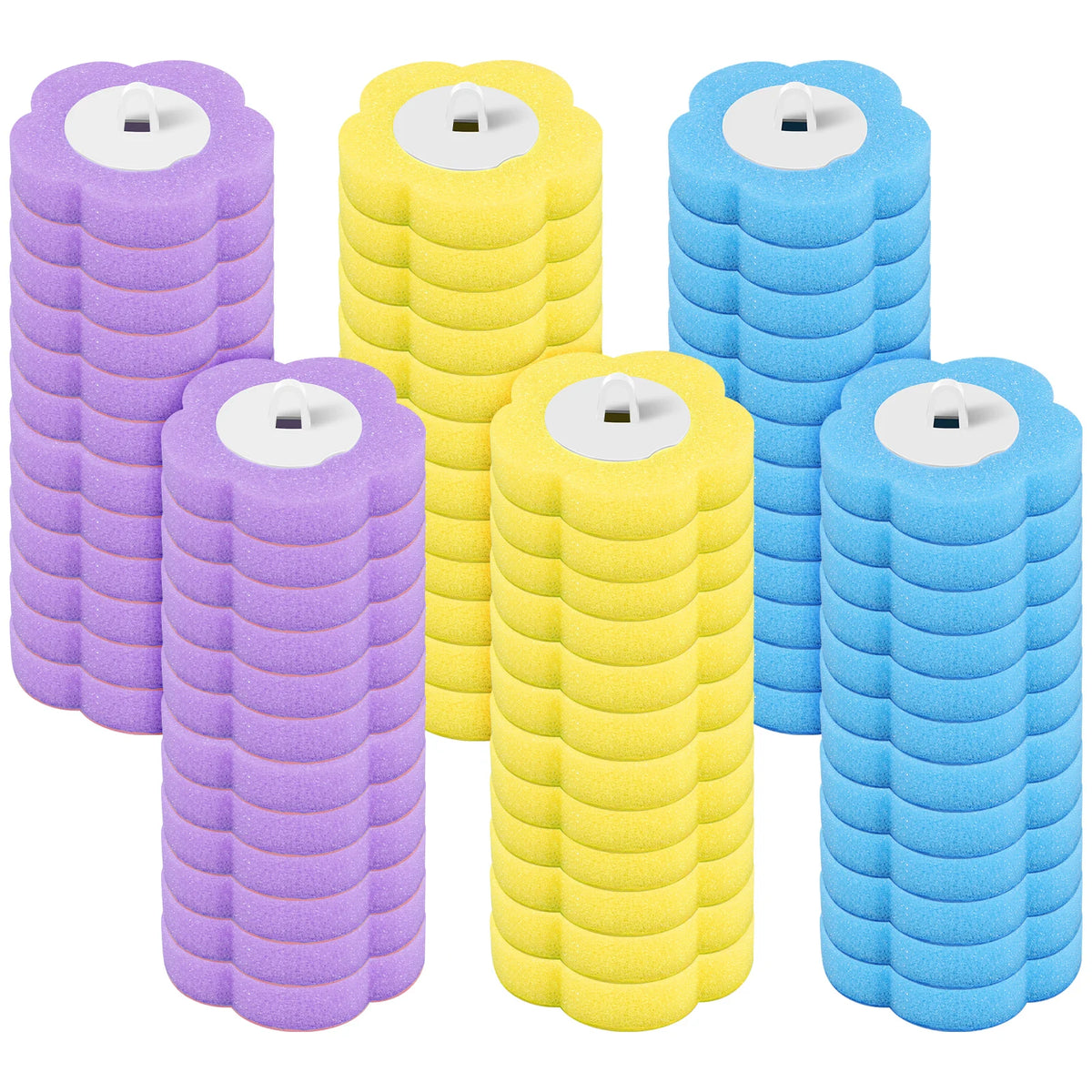 Un juego de cinco cepillos para inodoro reutilizables morados, amarillos y azules con cabezales apilados.