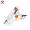 A white hot melt glue gun with an orange handle and a metal stick is shown against a white background.