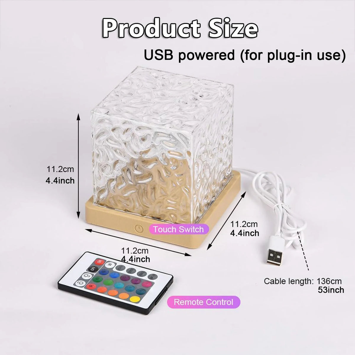 مصباح ليلي مكعب يعمل بـ USB مع مفتاح لمس وجهاز تحكم عن بعد للاستخدام عبر التوصيل بالكهرباء