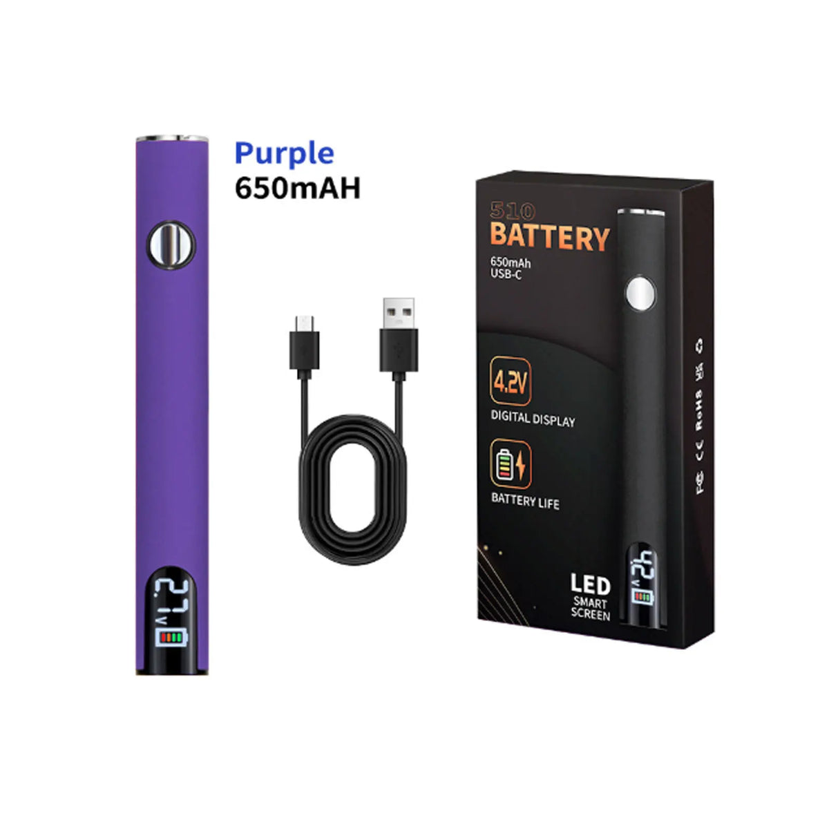 A purple 650mAh battery and a black soldering iron battery kit with a digital display.