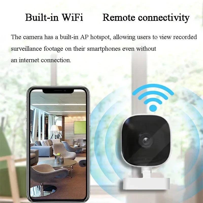 A smartphone displays a live feed from a security camera, illustrating its built-in WiFi and remote connectivity features.
