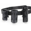 Black tactical baton and flashlight holder attached to a black strap.