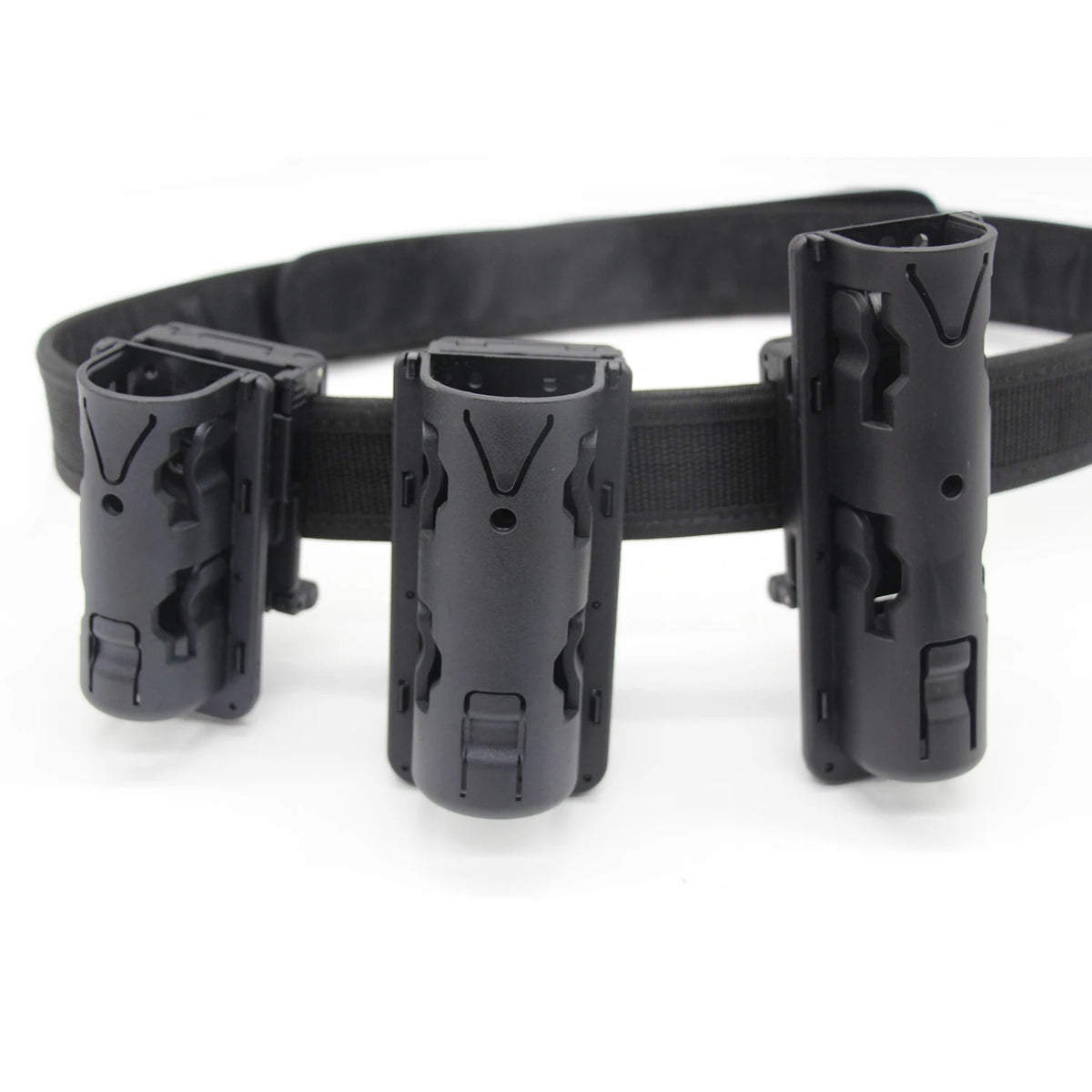 Black tactical baton and flashlight holder attached to a black strap.