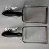 Stainless steel cat litter scoop with two sizes, 2.0mm and 5.0mm, showing the scoop and handle.
