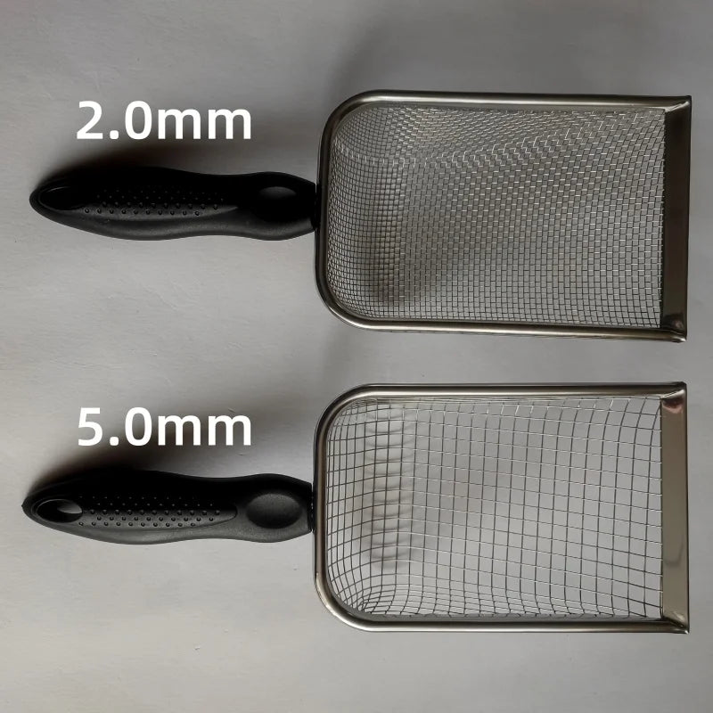 Stainless steel cat litter scoop with two sizes, 2.0mm and 5.0mm, showing the scoop and handle.