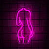 A neon pink outline of a female torso hangs against a dark grid background.