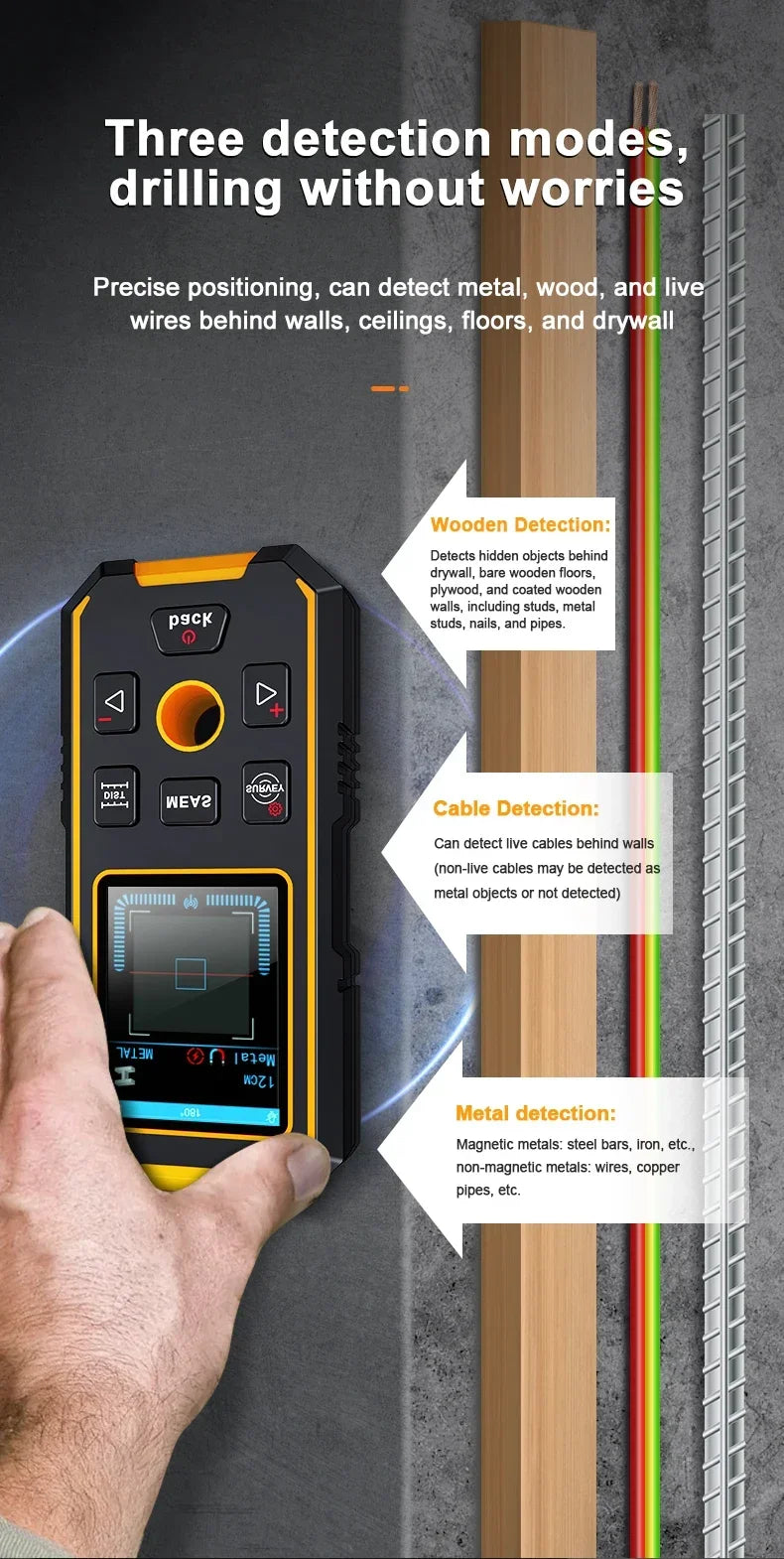A hand holds a wall penetration detector device, demonstrating its use for detecting various materials like metal, wood, and 