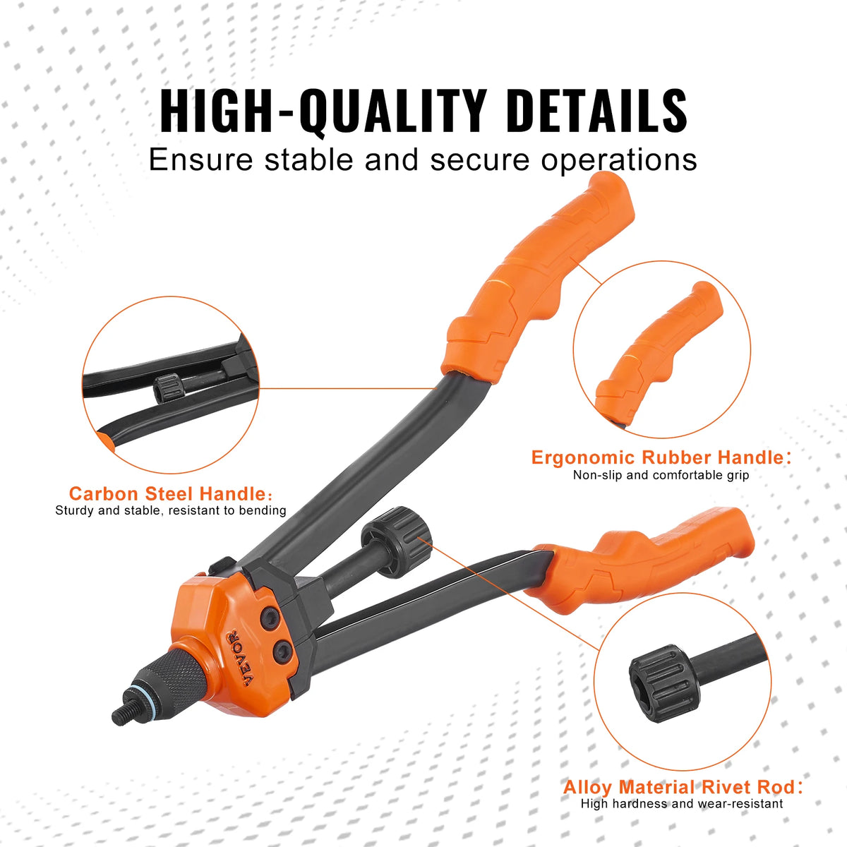 Orange and black heavy-duty rivet nut tool kit showing various components like a carbon steel handle and alloy material rivet