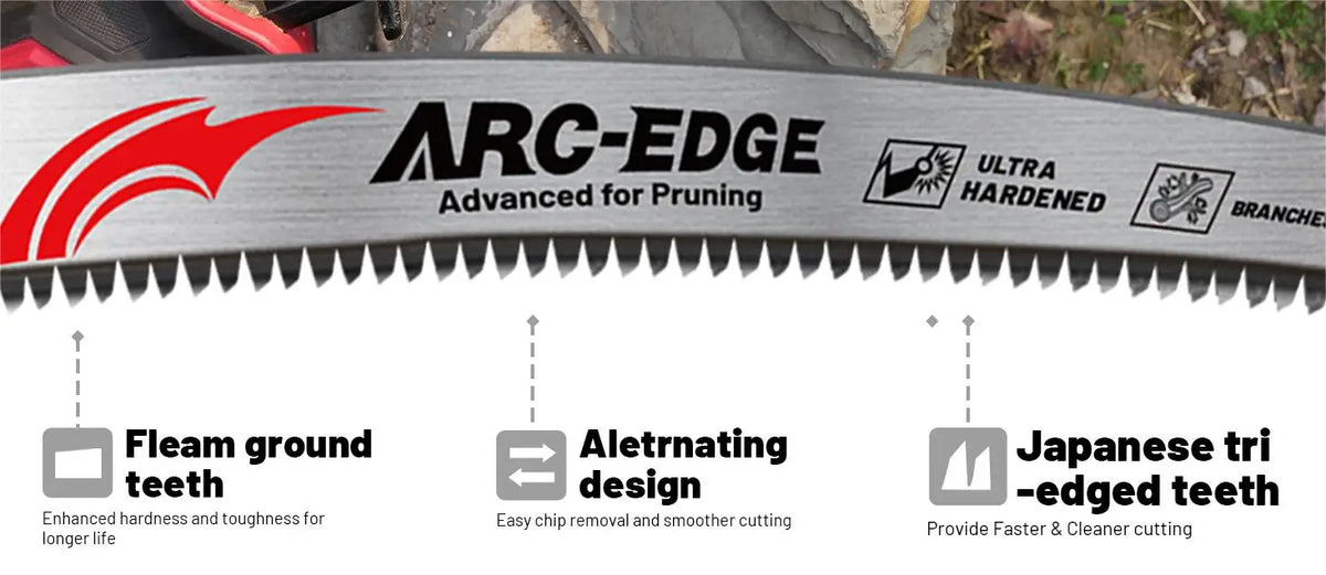 Close-up of an ARC-EDGE pruning saw blade showing features like fleam ground teeth, alternating design, and Japanese tri-edge